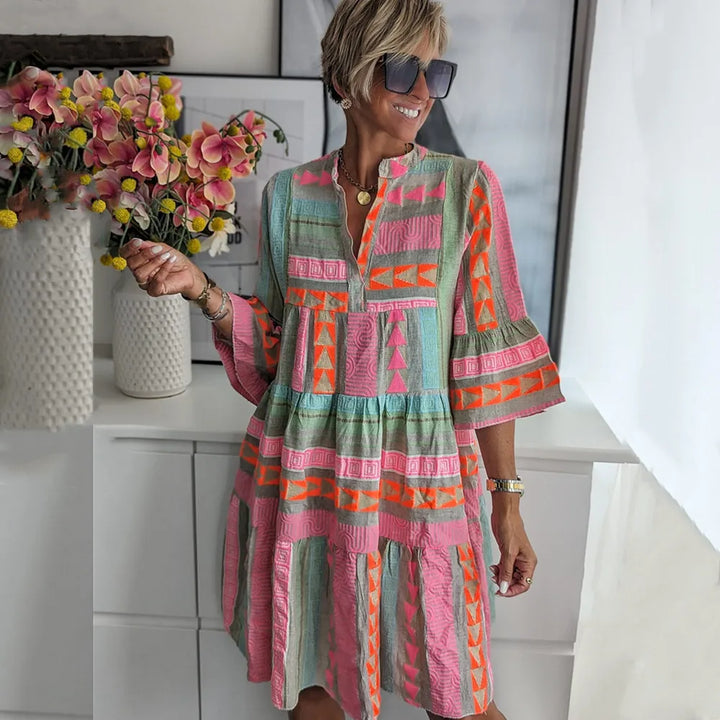 Evi™ - Chic V-Neck Cotton Hemp Summer Dress